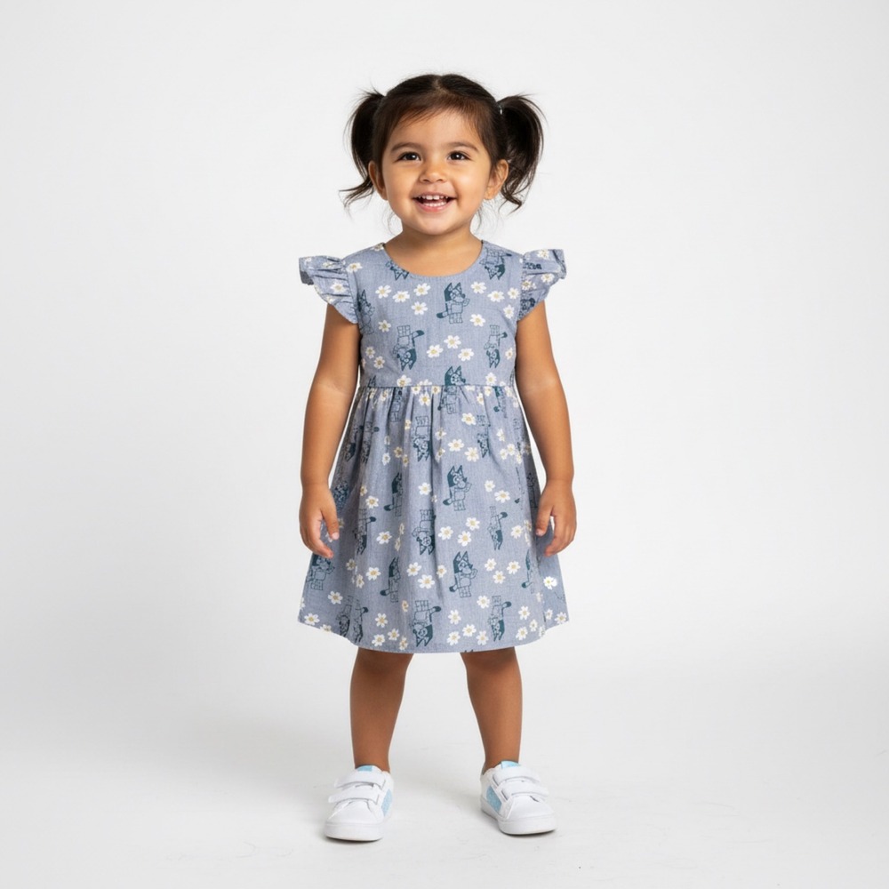Bluey Girls 3T Blue Daisy Print Chambray Flutter Sleeve Dress Bow‎ Back